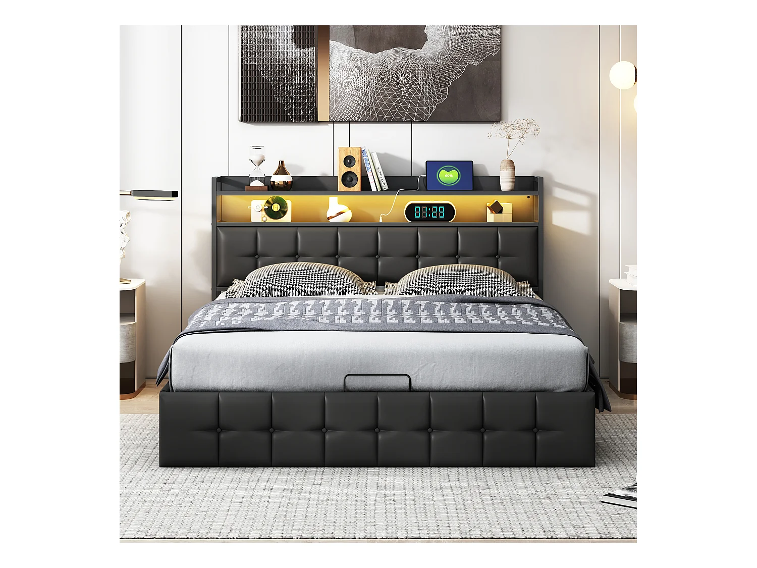 Letto contenitore 140x190 cm in similpelle nera con LED RGB, testiera con prese USB/Type-C e contenitore integrato