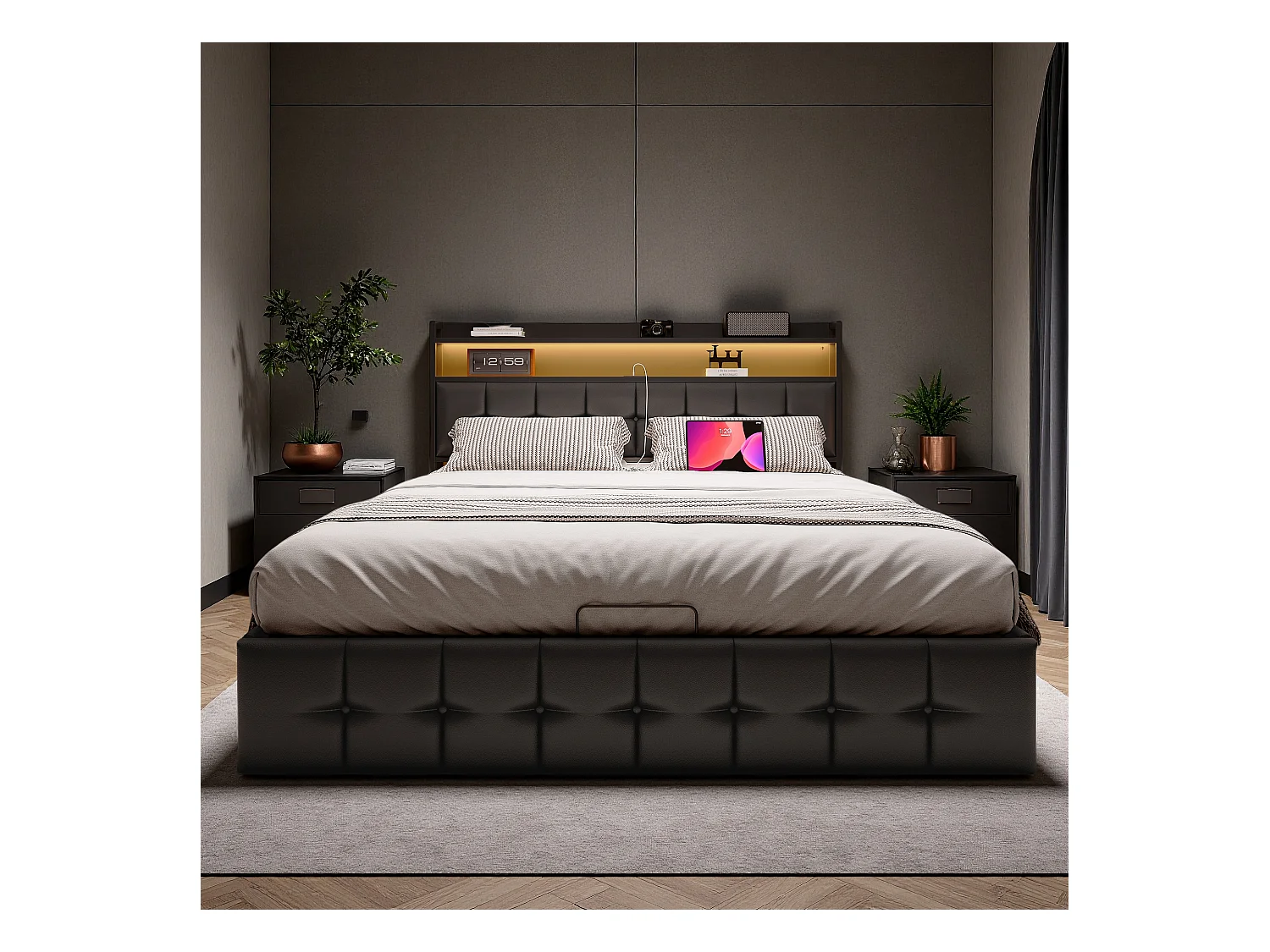 Letto contenitore 140x190 cm in similpelle nera con LED RGB, testiera con prese USB/Type-C e contenitore integrato