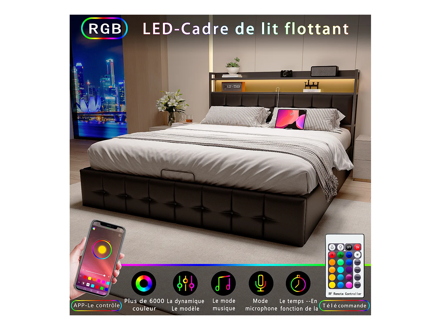 Letto contenitore 140x190 cm in similpelle nera con LED RGB, testiera con prese USB/Type-C e contenitore integrato