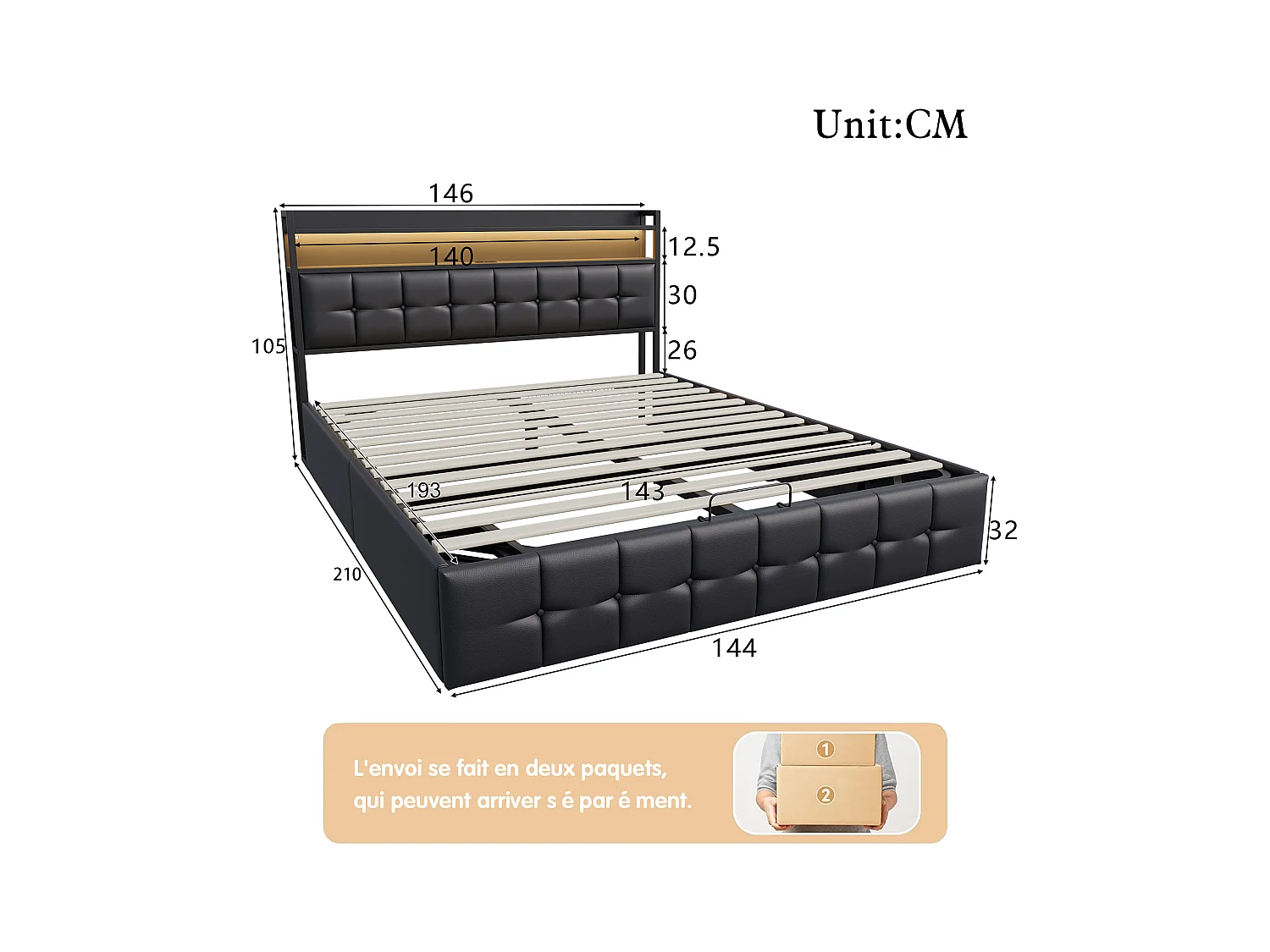 Letto contenitore 140x190 cm in similpelle nera con LED RGB, testiera con prese USB/Type-C e contenitore integrato