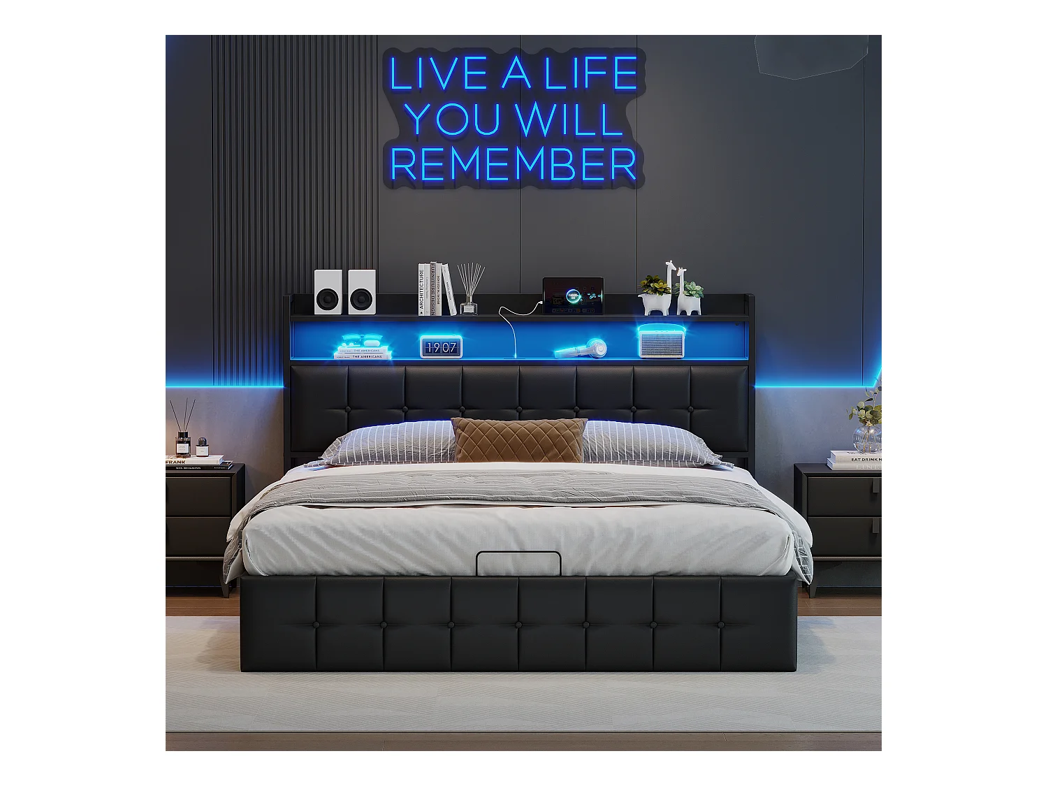 Letto contenitore 140x190 cm in similpelle nera con LED RGB, testiera con prese USB/Type-C e contenitore integrato