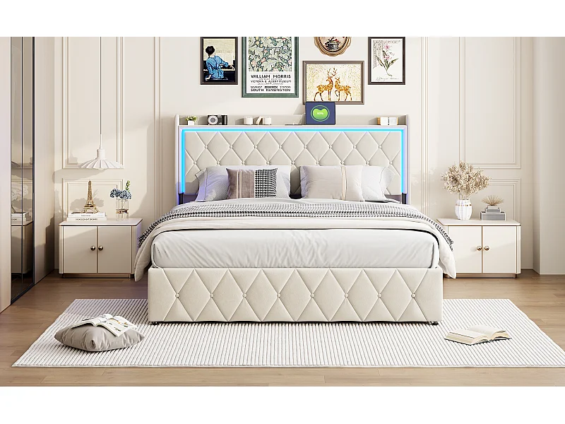 Letto idraulico 140x190 cm in velluto beige, testiera contenitore, luce LED, porta USB + Type-C, design moderno e confortevole