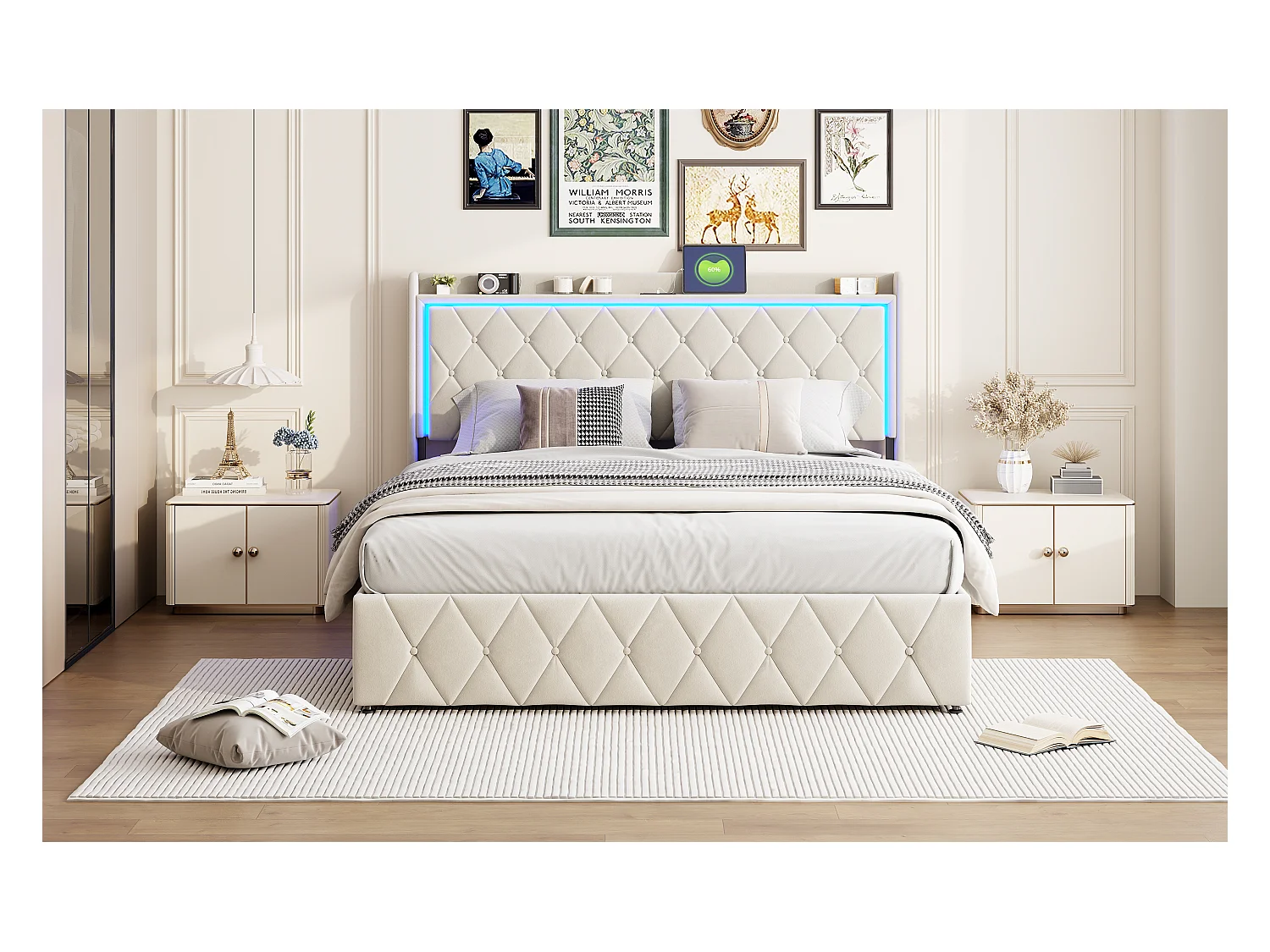 Letto idraulico 140x190 cm in velluto beige, testiera contenitore, luce LED, porta USB + Type-C, design moderno e confortevole