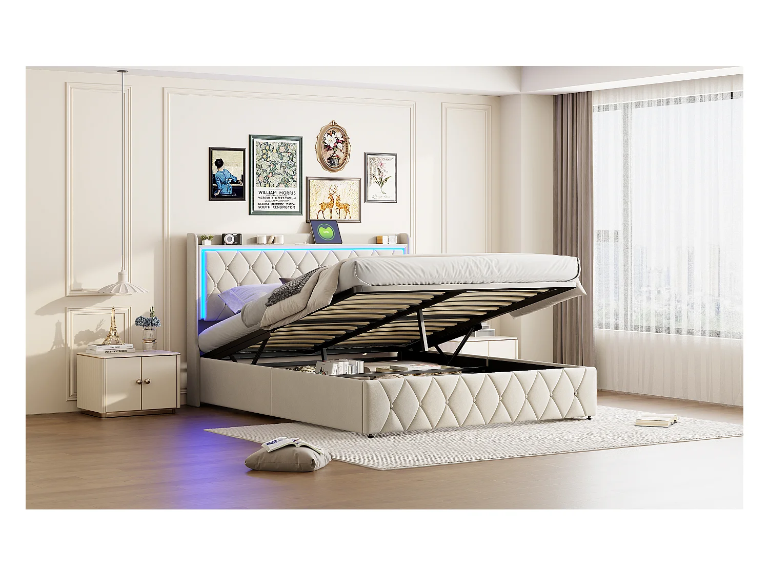 Letto idraulico 140x190 cm in velluto beige, testiera contenitore, luce LED, porta USB + Type-C, design moderno e confortevole