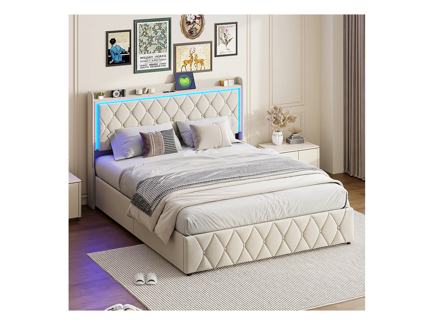 Letto idraulico 140x190 cm in velluto beige, testiera contenitore, luce LED, porta USB + Type-C, design moderno e confortevole