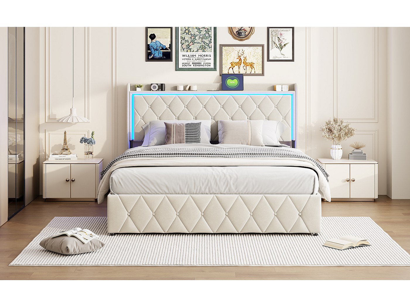 Bed met opbergruimte 140x200 tweepersoonsbed voor tieners met 4 lades, ledverlichting en USB-C