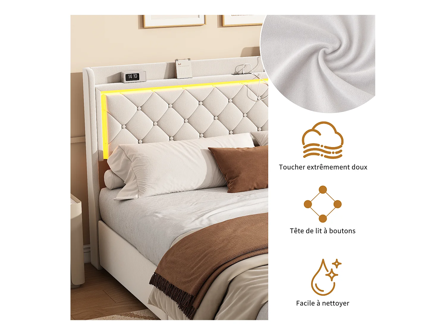 Letto con cassetti 140x200 cm in velluto beige, testiera e contenitore a gas, luce LED, porta USB + Type-C, design moderno e confortevole