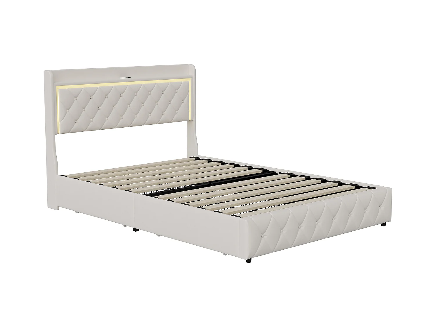 Letto con cassetti 140x200 cm in velluto beige, testiera e contenitore a gas, luce LED, porta USB + Type-C, design moderno e confortevole