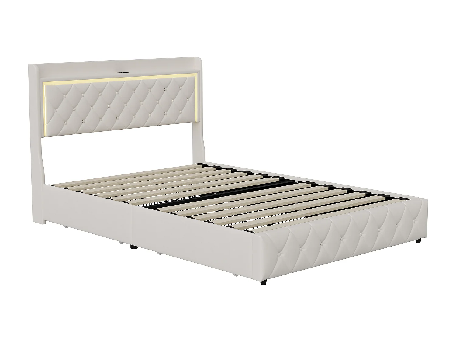 Cama com gavetas 140x200 cm em veludo bege, cabeceira e armários de cama a gás, luz LED, porta USB + Tipo C, design moderno e confortável