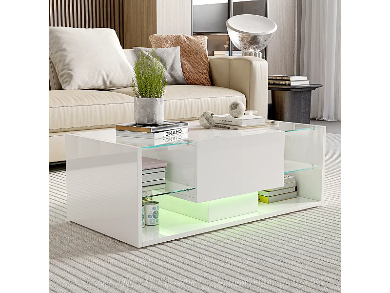 Table basse flottante LED, Blanc, plateau en verre trempé, éclairage LED contrôlable via app et télécommande