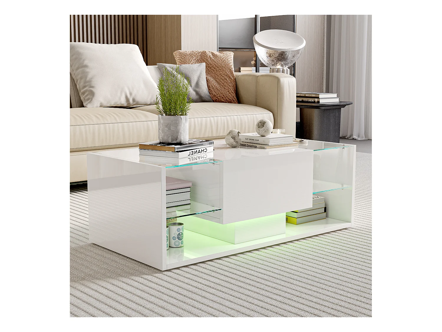 Mesa de centro flutuante LED, branca, tampo de vidro temperado, iluminação LED controlável via aplicativo e controle remoto