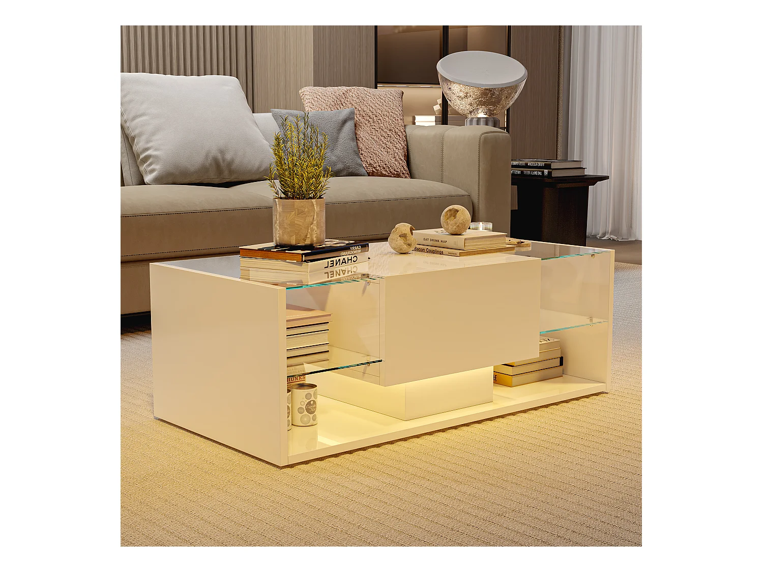 Mesa de centro flutuante LED, branca, tampo de vidro temperado, iluminação LED controlável via aplicativo e controle remoto