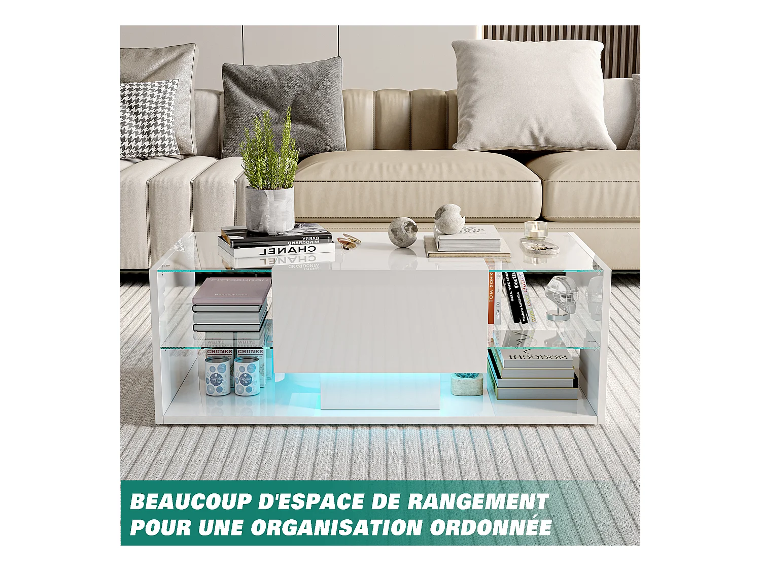 Mesa de centro flutuante LED, branca, tampo de vidro temperado, iluminação LED controlável via aplicativo e controle remoto