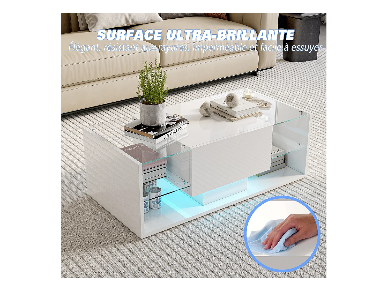 Mesa de centro flutuante LED, branca, tampo de vidro temperado, iluminação LED controlável via aplicativo e controle remoto