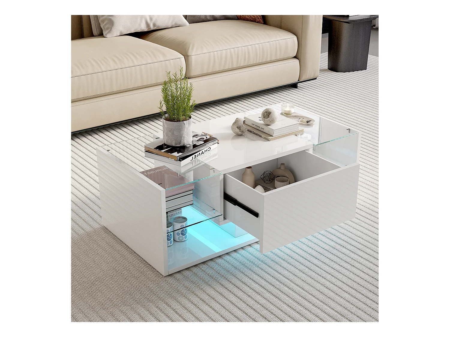 Mesa de centro flutuante LED, branca, tampo de vidro temperado, iluminação LED controlável via aplicativo e controle remoto