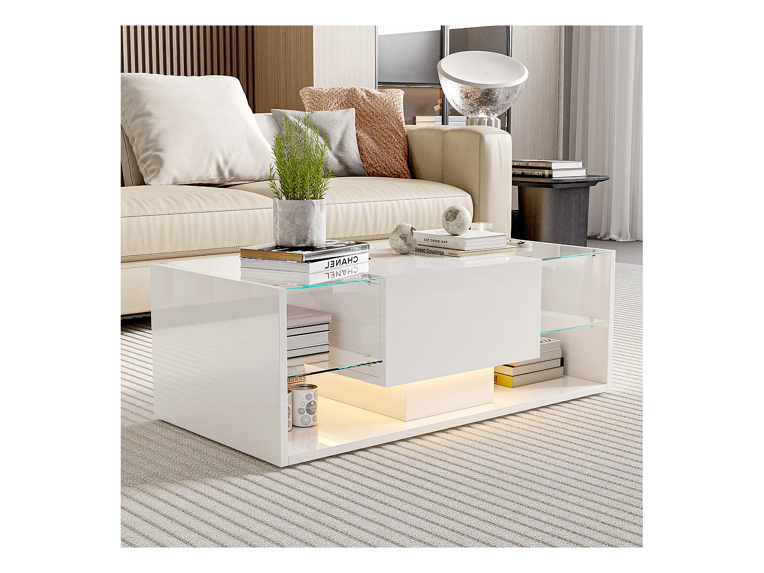 Mesa de centro flutuante LED, branca, tampo de vidro temperado, iluminação LED controlável via aplicativo e controle remoto