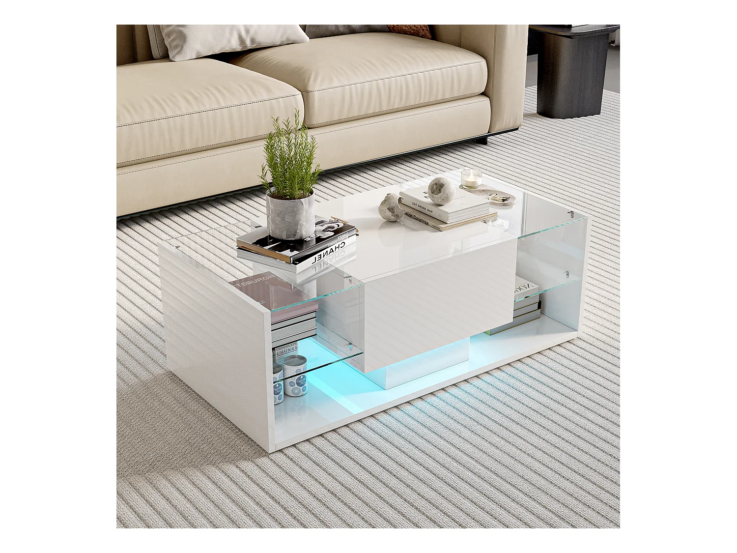 Tavolino da caffè galleggiante a LED, bianco, piano in vetro temperato, illuminazione a LED controllabile tramite app e telecomando