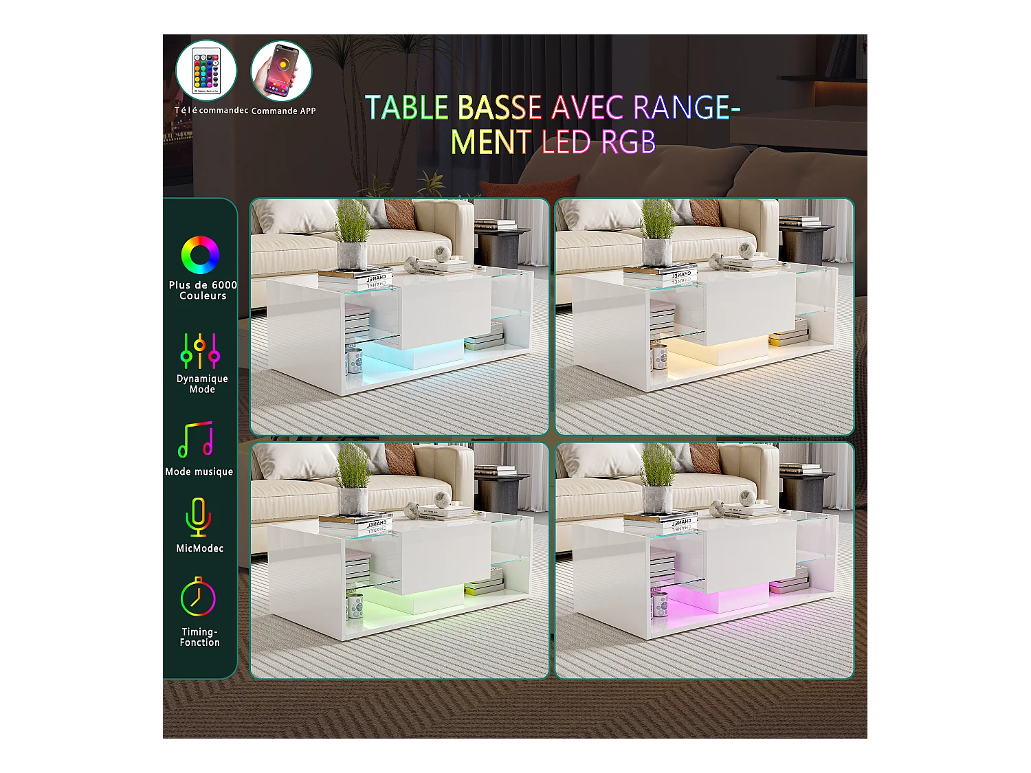 Tavolino da caffè galleggiante a LED, bianco, piano in vetro temperato, illuminazione a LED controllabile tramite app e telecomando