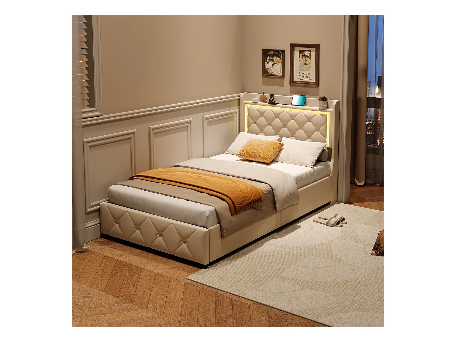 Letto con cassetti 90x200 cm in velluto beige, testiera e contenitore a gas, luce LED, porta USB + Type-C, design moderno e confortevole