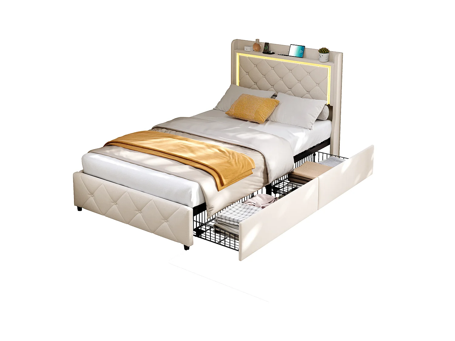 Letto con cassetti 90x200 cm in velluto beige, testiera e contenitore a gas, luce LED, porta USB + Type-C, design moderno e confortevole