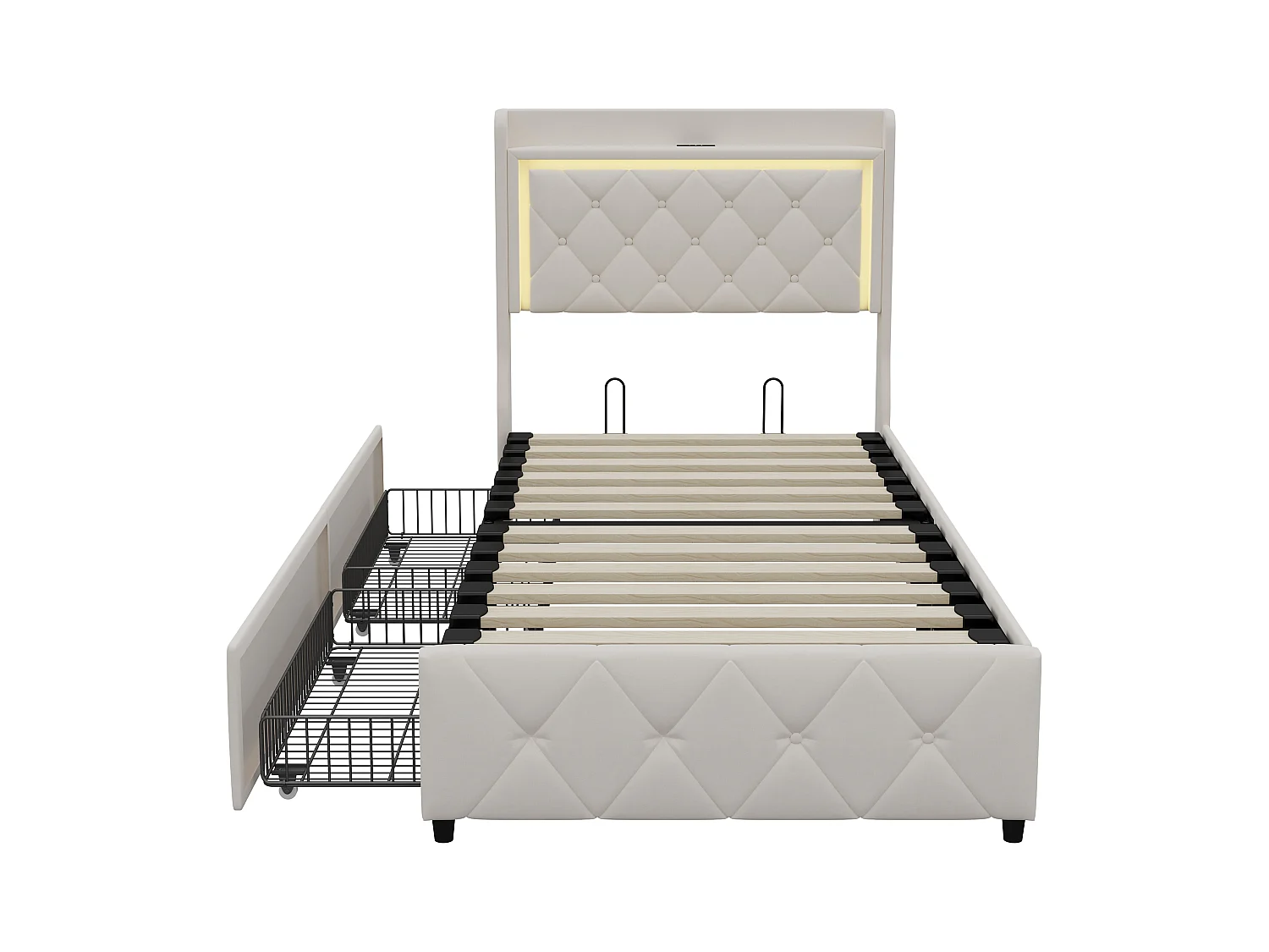 Letto con cassetti 90x200 cm in velluto beige, testiera e contenitore a gas, luce LED, porta USB + Type-C, design moderno e confortevole