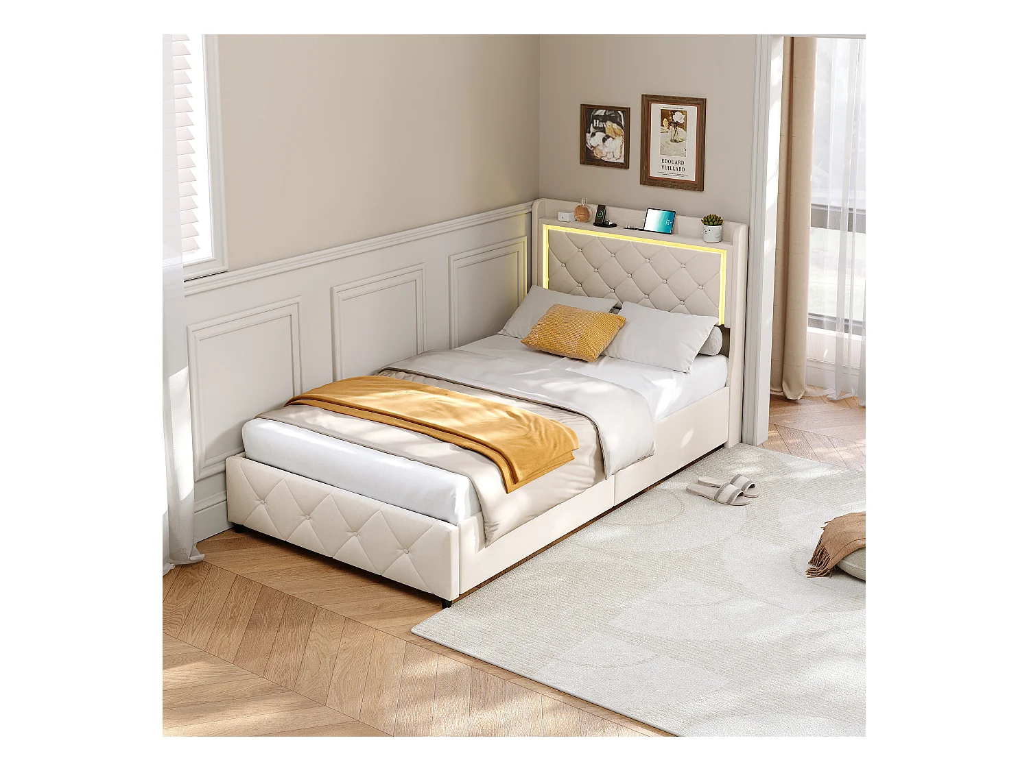 Letto con cassetti 90x200 cm in velluto beige, testiera e contenitore a gas, luce LED, porta USB + Type-C, design moderno e confortevole