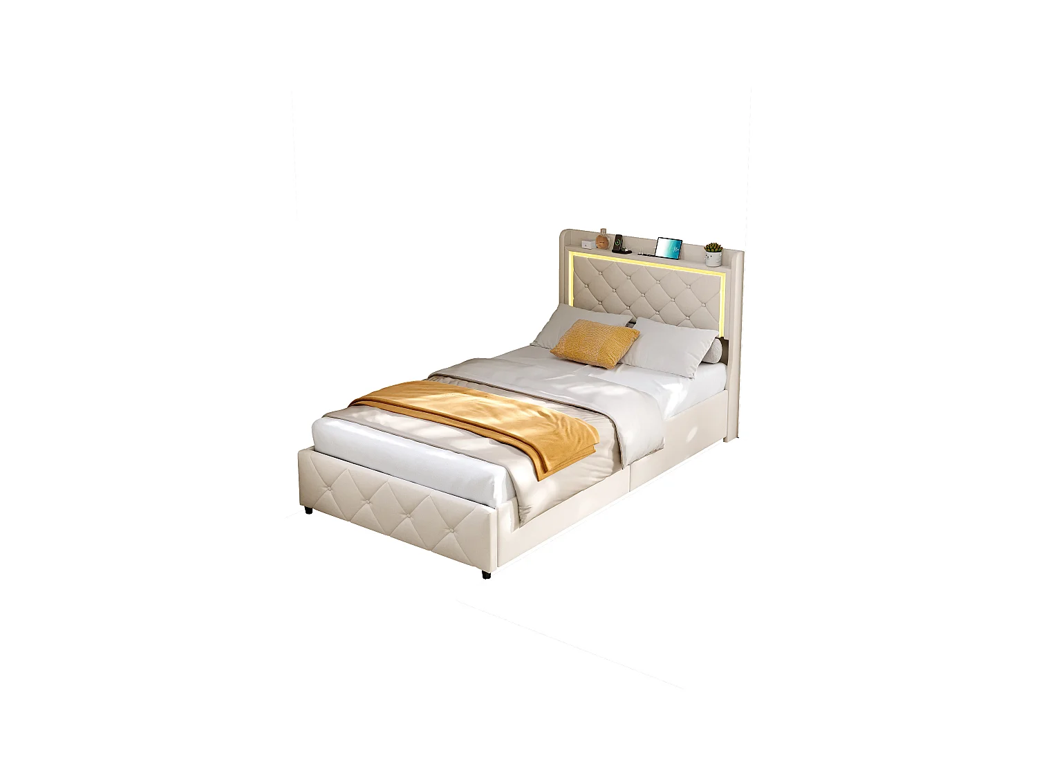 Letto con cassetti 90x200 cm in velluto beige, testiera e contenitore a gas, luce LED, porta USB + Type-C, design moderno e confortevole