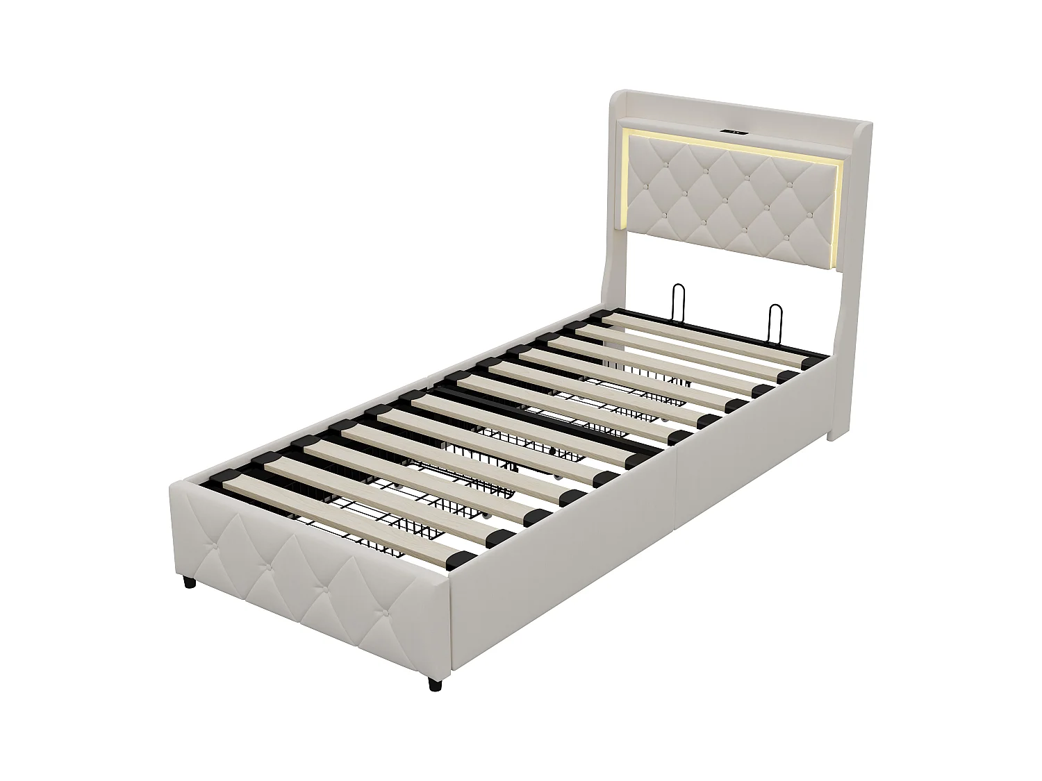 Letto con cassetti 90x200 cm in velluto beige, testiera e contenitore a gas, luce LED, porta USB + Type-C, design moderno e confortevole