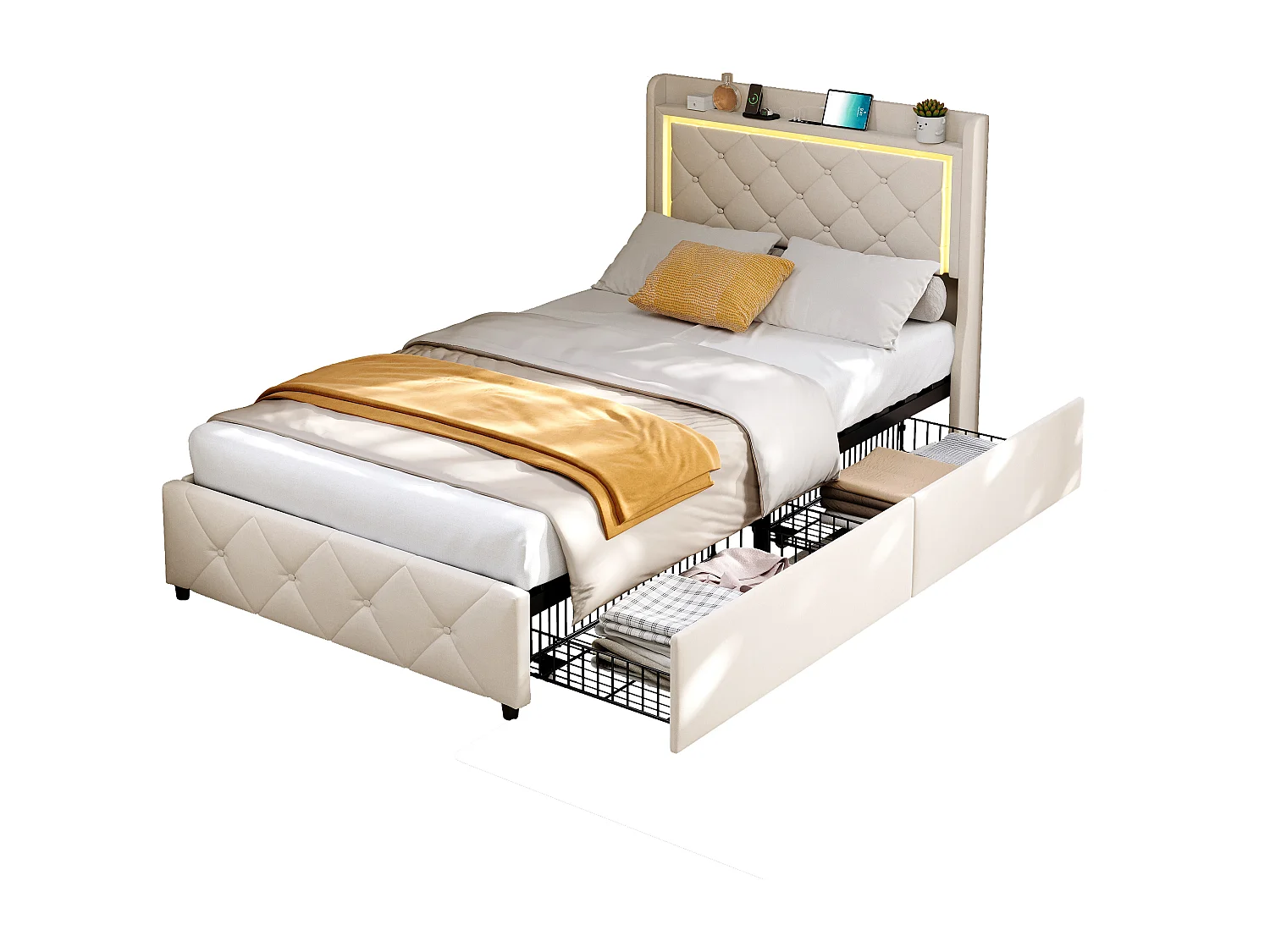 Cama com gavetas 90x200 cm em veludo bege, cabeceira e armários a gás, luz LED, porta USB + Tipo C, design moderno e confortável