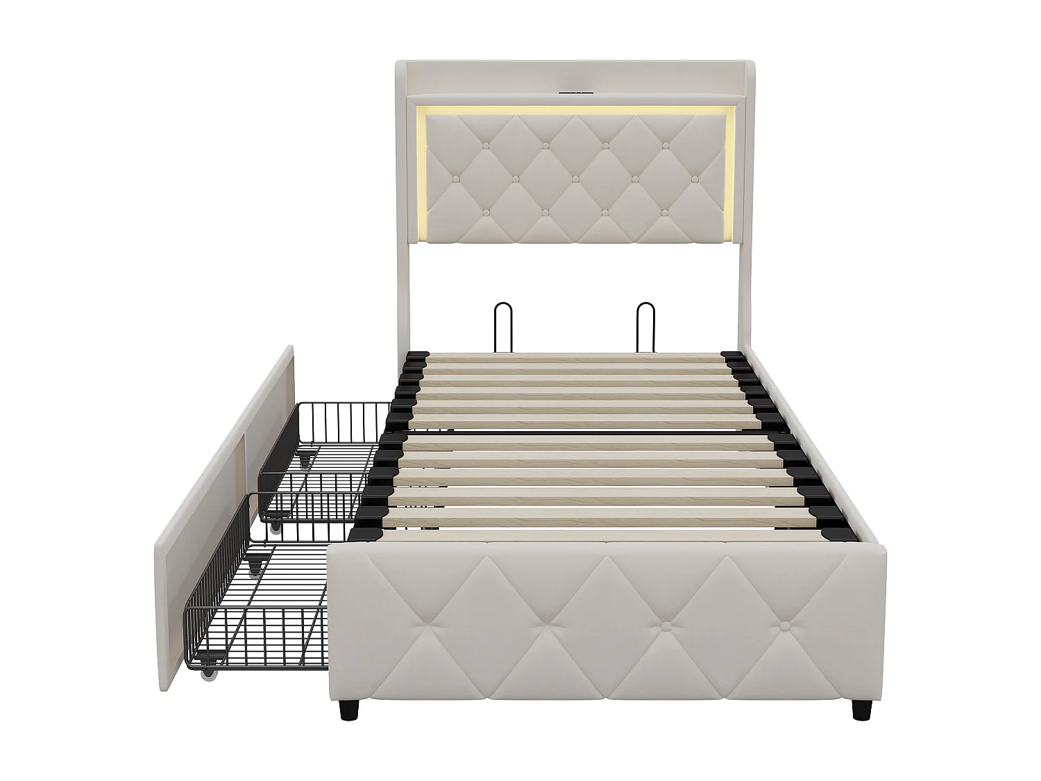 Cama com gavetas 90x200 cm em veludo bege, cabeceira e armários a gás, luz LED, porta USB + Tipo C, design moderno e confortável