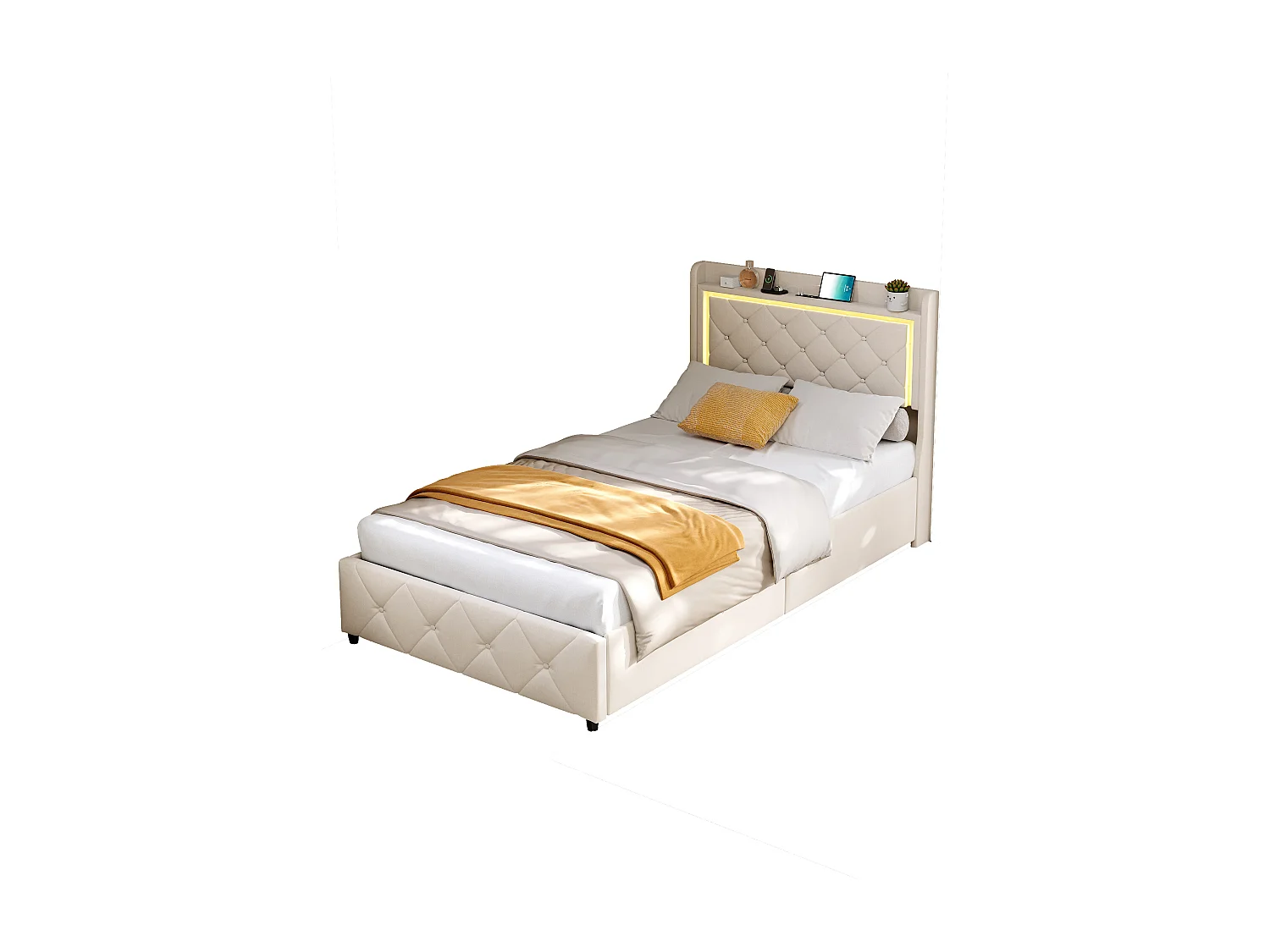 Cama com gavetas 90x200 cm em veludo bege, cabeceira e armários a gás, luz LED, porta USB + Tipo C, design moderno e confortável