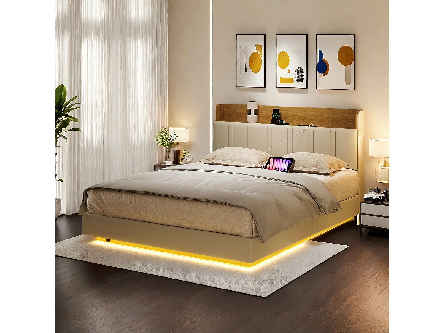 Lit flottant 140x200 cm blanc PU + bois clair, rangement tiroir, éclairage LED sous lit, double port USB, poche latérale