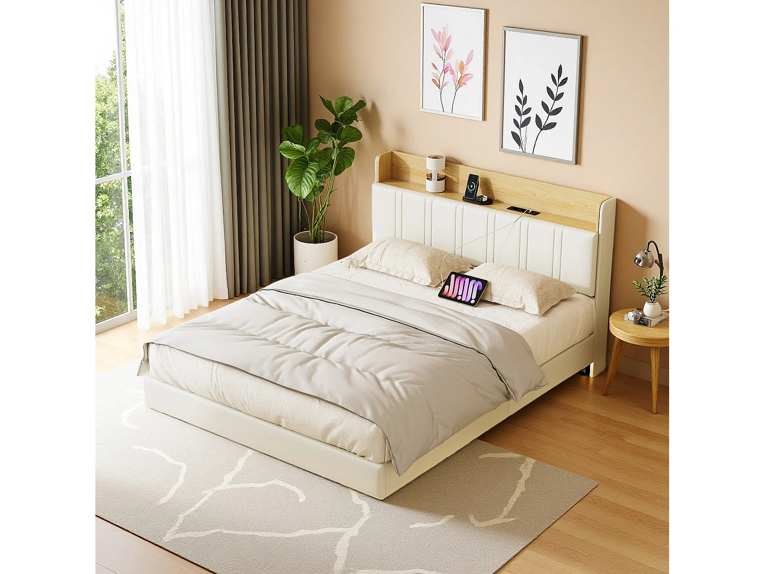 Lit flottant 140x200 cm blanc PU + bois clair, rangement tiroir, éclairage LED sous lit, double port USB, poche latérale