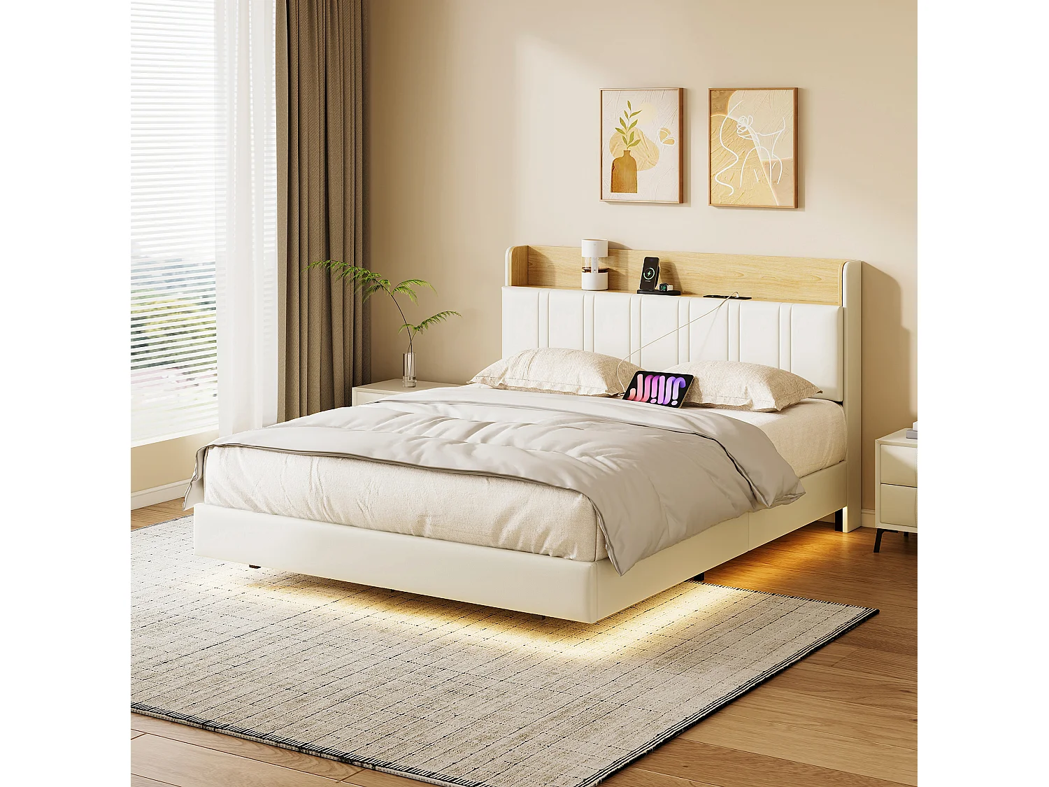 Lit flottant 140x200 cm blanc PU + bois clair, rangement tiroir, éclairage LED sous lit, double port USB, poche latérale
