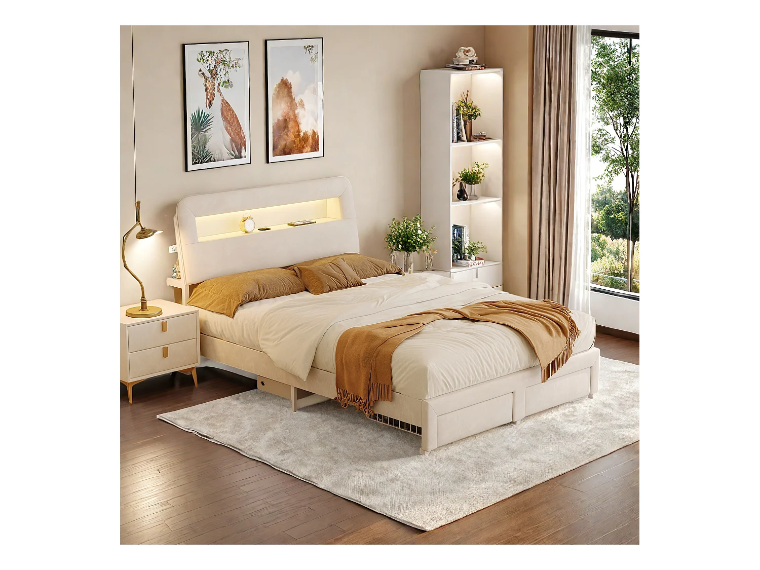 Lit avec tiroirs 140x200 cm en velours beige crème, rangement tête et pied de lit, port USB + LED, design mode