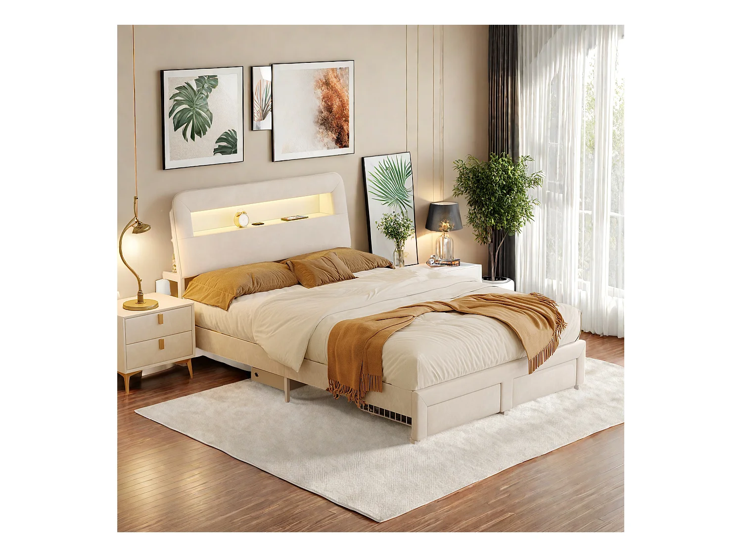Lit avec tiroirs 140x200 cm en velours beige crème, rangement tête et pied de lit, port USB + LED, design mode