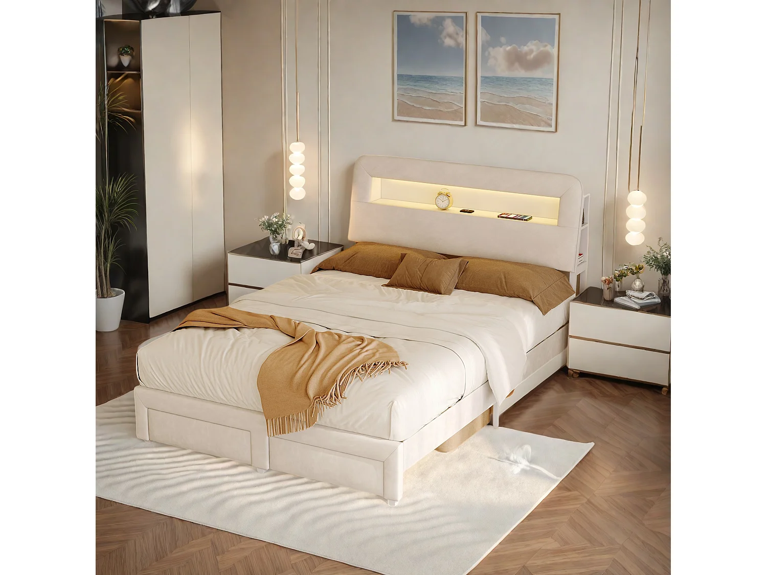140x200 cm crèmebeige fluwelen bed met lades, opbergruimte hoofdbord en voeteneinde, USB-poort + LED, modieus design