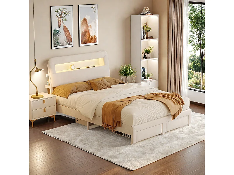Lit avec tiroirs 140x200 cm en velours beige crème, rangement tête et pied de lit, port USB + LED, design mode