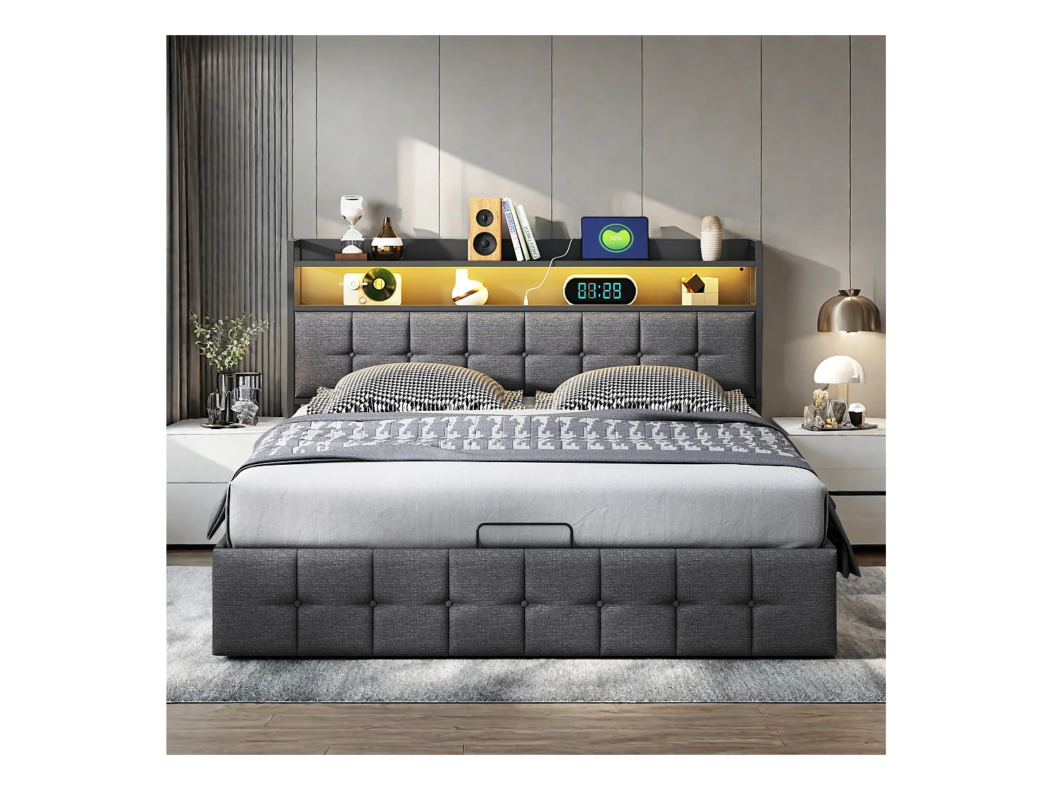 140x190 cm opbergbed in grijs imitatieleer met RGB-leds, hoofdbord met USB/Type-C-aansluitingen en geïntegreerde opbergruimte