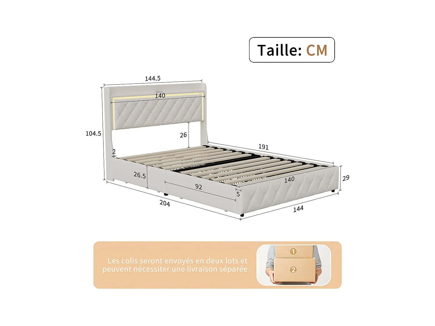 Letto con cassetti 140x190 cm in velluto beige, testiera e contenitore a gas, luce LED, porta USB + Type-C, design moderno e confortevole