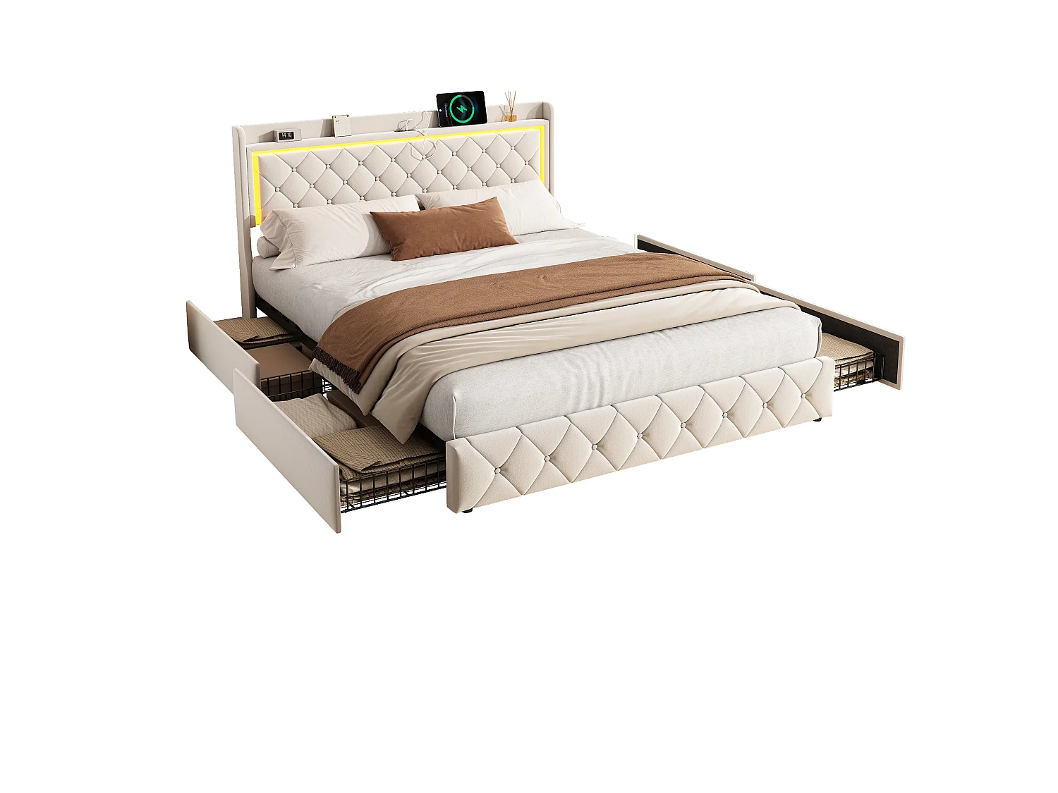 Letto con cassetti 140x190 cm in velluto beige, testiera e contenitore a gas, luce LED, porta USB + Type-C, design moderno e confortevole