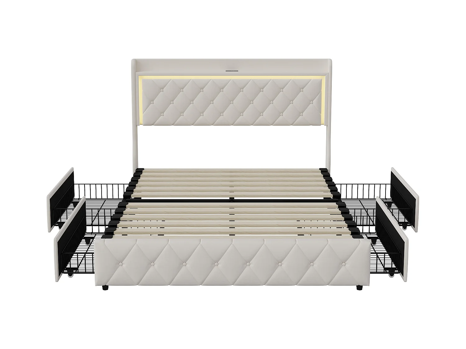 Letto con cassetti 140x190 cm in velluto beige, testiera e contenitore a gas, luce LED, porta USB + Type-C, design moderno e confortevole