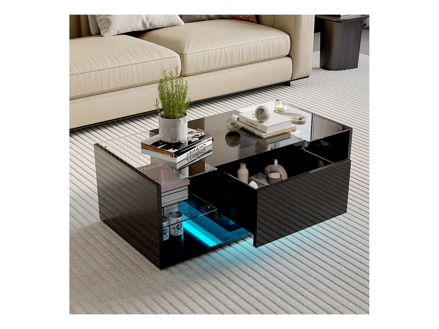Mesa de centro flotante LED, negra, con tablero de vidrio templado e iluminación LED controlada por app y control remoto.