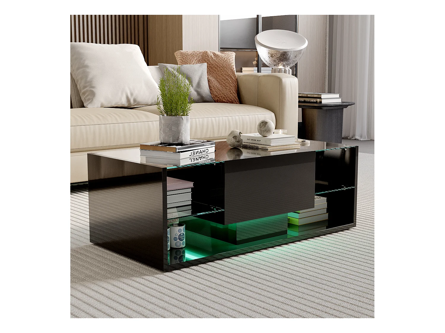 Mesa de centro flotante LED, negra, con tablero de vidrio templado e iluminación LED controlada por app y control remoto.