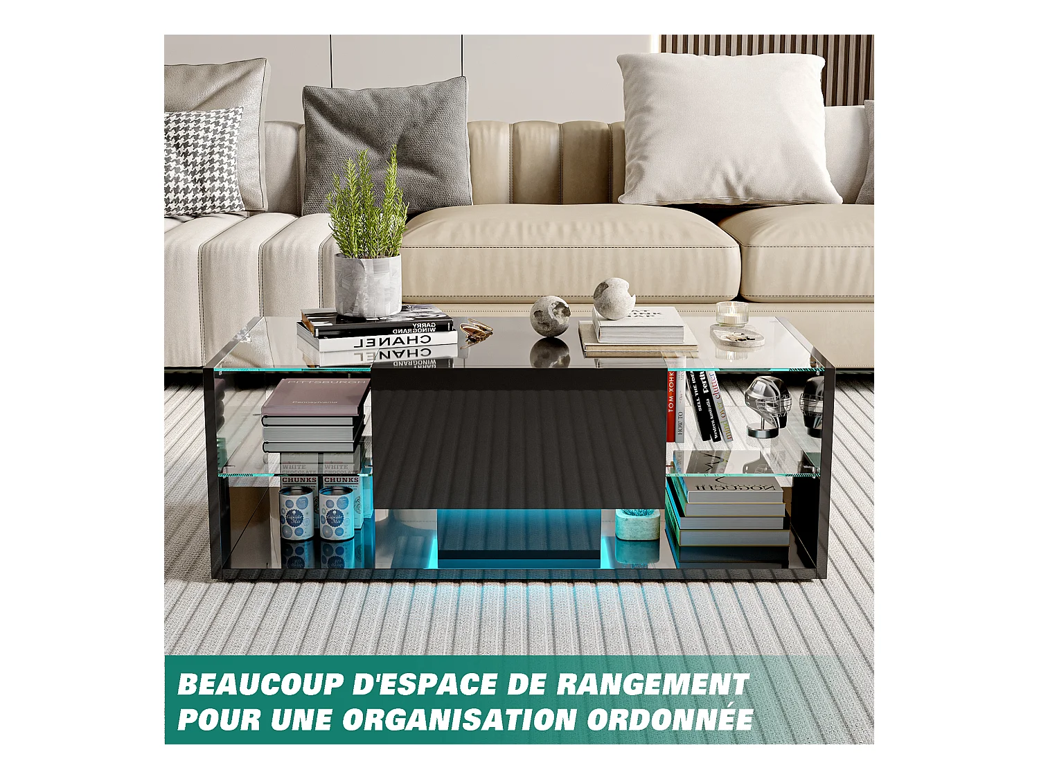 Mesa de centro flotante LED, negra, con tablero de vidrio templado e iluminación LED controlada por app y control remoto.