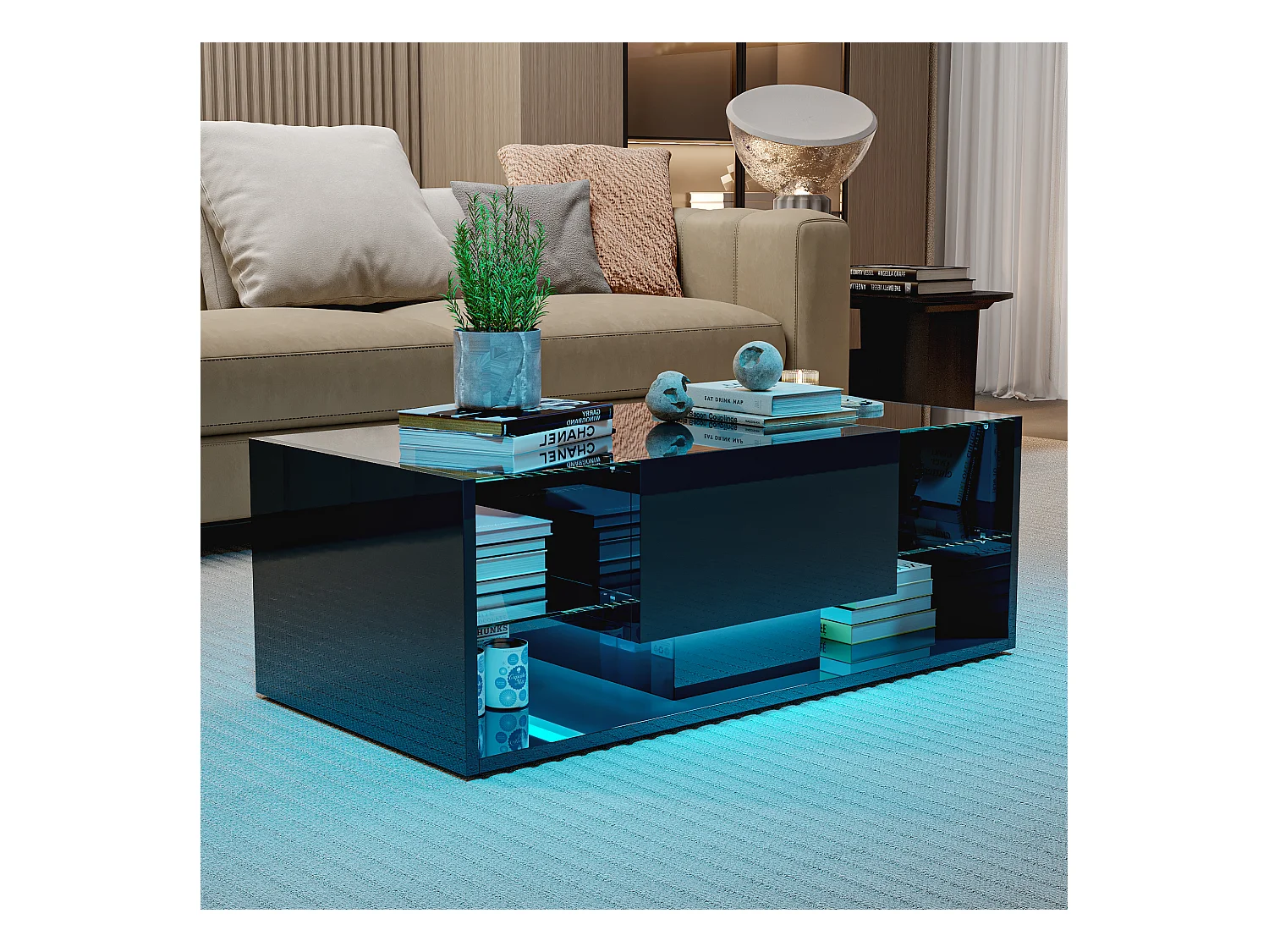 Mesa de centro flotante LED, negra, con tablero de vidrio templado e iluminación LED controlada por app y control remoto.