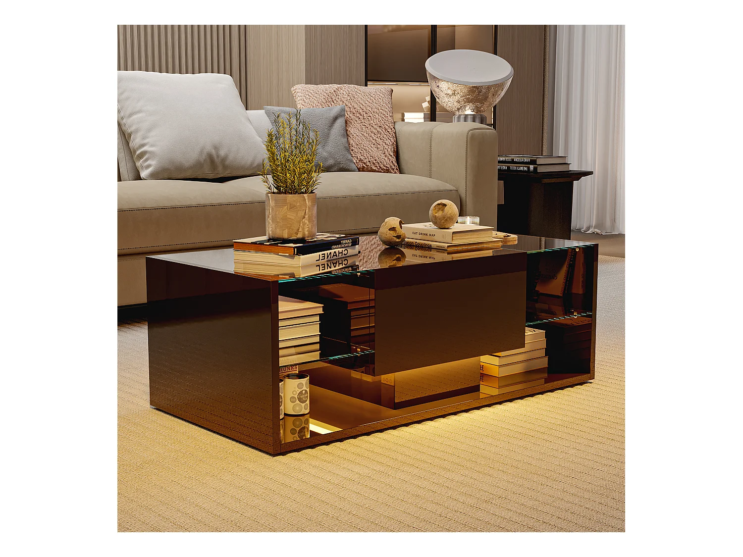 Mesa de centro flotante LED, negra, con tablero de vidrio templado e iluminación LED controlada por app y control remoto.