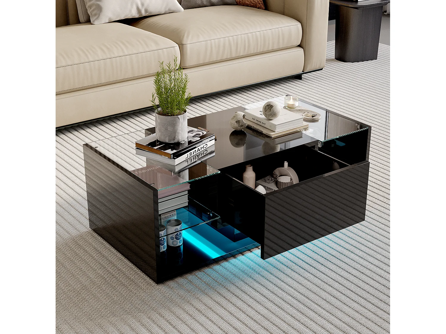 Mesa de centro flotante LED, negra, con tablero de vidrio templado e iluminación LED controlada por app y control remoto.
