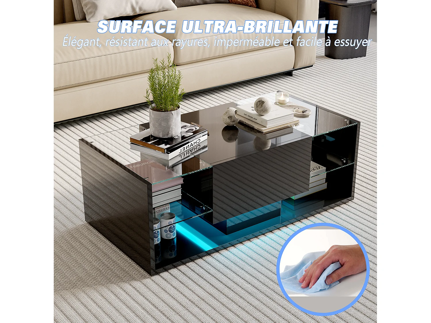 Mesa de centro flotante LED, negra, con tablero de vidrio templado e iluminación LED controlada por app y control remoto.