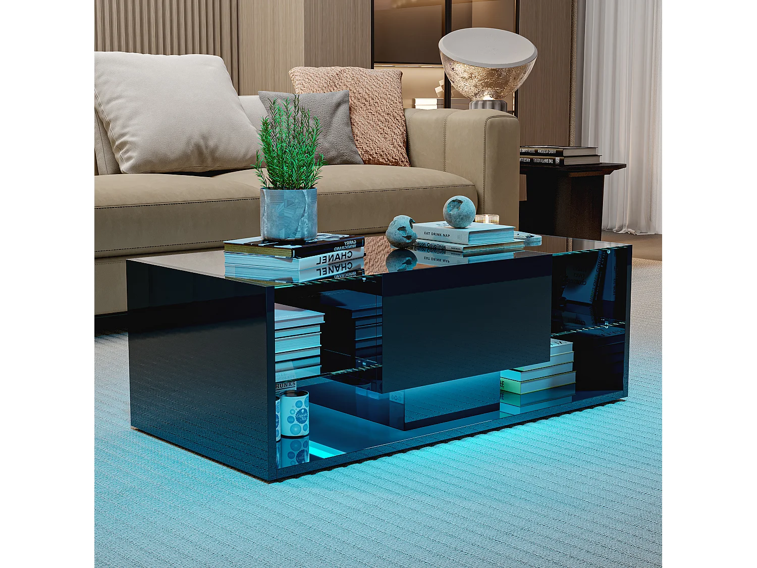 Mesa de centro flotante LED, negra, con tablero de vidrio templado e iluminación LED controlada por app y control remoto.